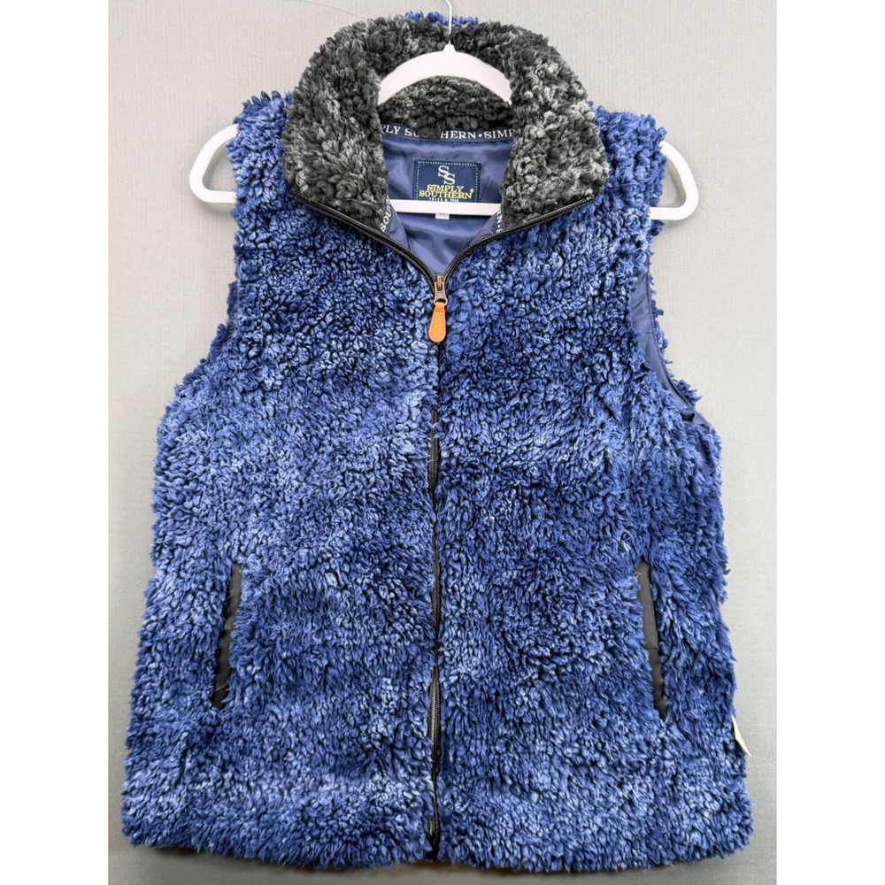Simply Southern Sherpa Fleece Vest Blue Full Zip Faux Fur Lined | Women's Medium